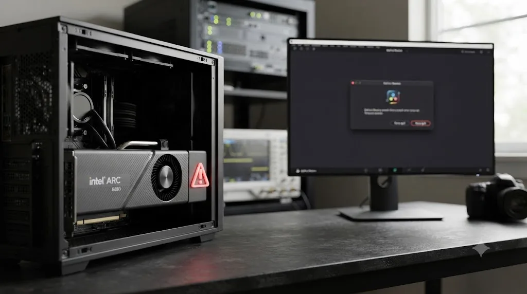 Illustration of an Intel Arc B580 graphics card with a warning icon beside a DaVinci Resolve crash dialog