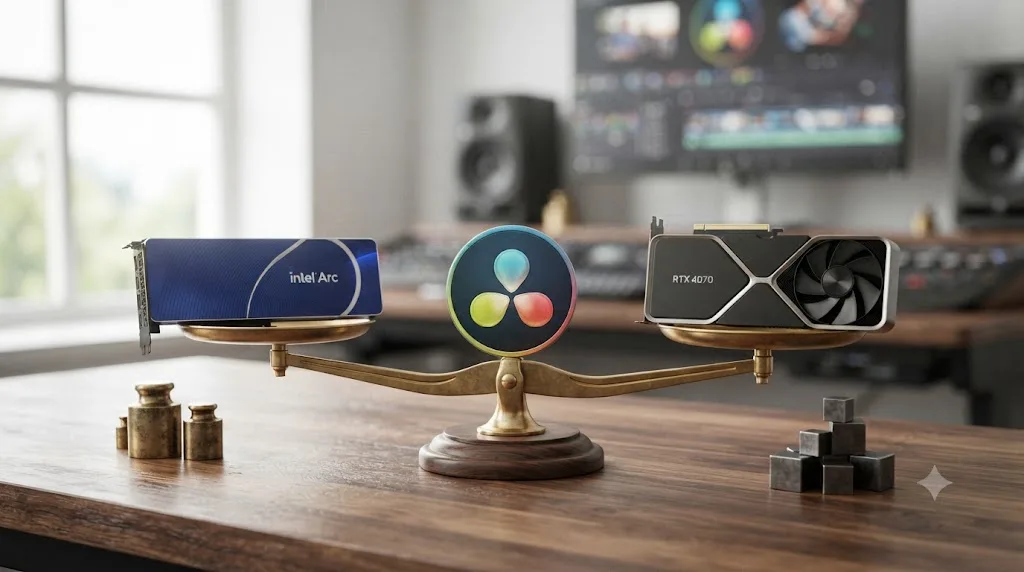 Illustration of a scale balancing an Intel Arc graphics card's price against a Nvidia card's driver reliability beside a DaVinci Resolve icon