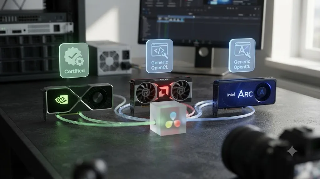 Illustration comparing Nvidia's certified driver status against AMD and Intel Arc's shared generic OpenCL support in DaVinci Resolve