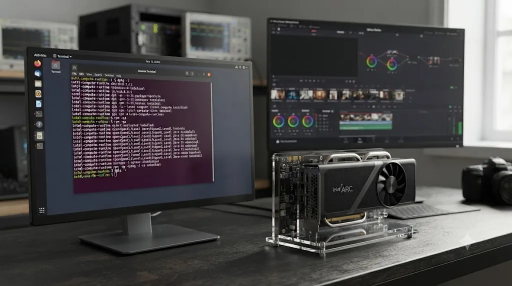 Illustration of a Linux terminal showing Intel's compute runtime package installed next to a DaVinci Resolve window