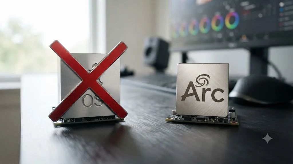 Illustration of a Mac icon with a red X next to an Intel Arc logo showing no compatible pairing on macOS