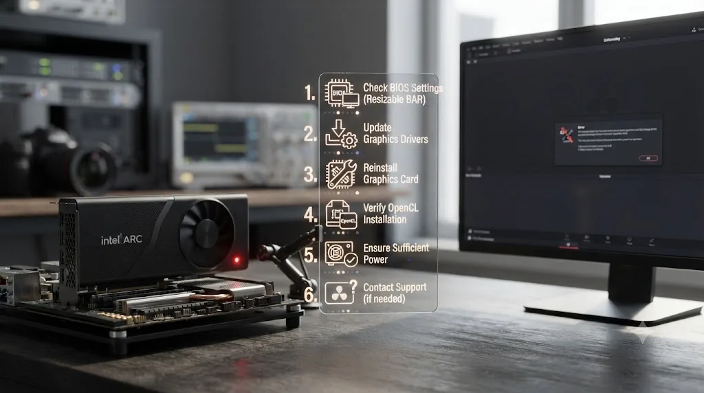 Illustration of a numbered troubleshooting checklist for fixing a no OpenCL capable GPU found error with an Intel Arc graphics card