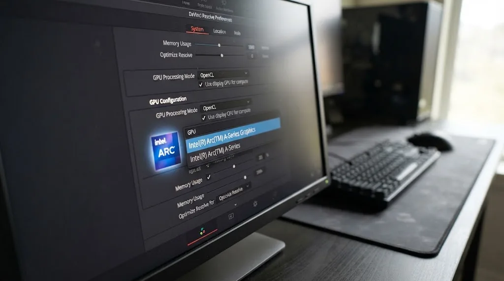 Illustration of DaVinci Resolve's GPU Processing Mode preference set to OpenCL with an Intel Arc graphics card icon highlighted