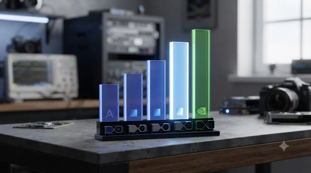 Illustration of a bar chart comparing DaVinci Resolve GPU effects performance across Intel Arc and Nvidia RTX graphics cards
