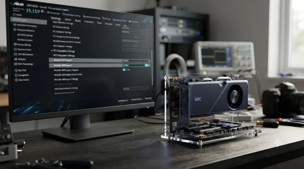 Illustration of a BIOS settings screen with the Resizable BAR option toggled on beside an Intel Arc graphics card