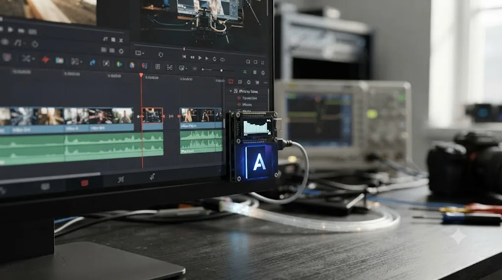 Illustration of a VRAM usage meter overlaid on a DaVinci Resolve timeline next to an Intel Arc graphics card icon
