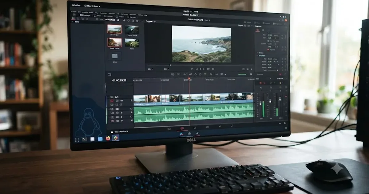 Illustration of a DaVinci Resolve timeline running on a Linux desktop with a penguin mascot silhouette in the corner