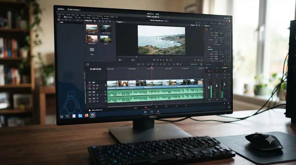 Illustration of a DaVinci Resolve timeline running on a Linux desktop