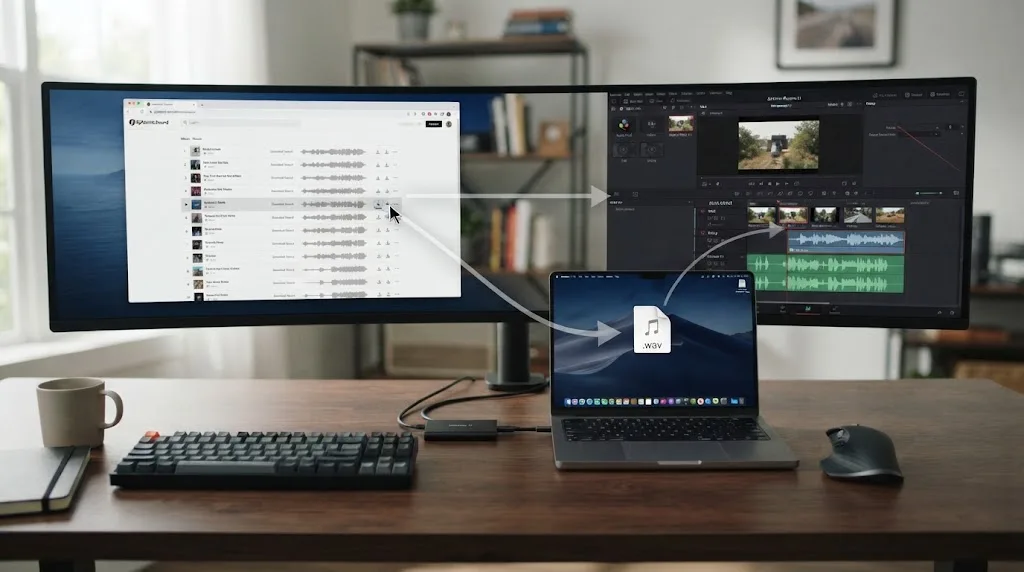 Illustration of Epidemic Sound audio moving into a free DaVinci Resolve 21 project