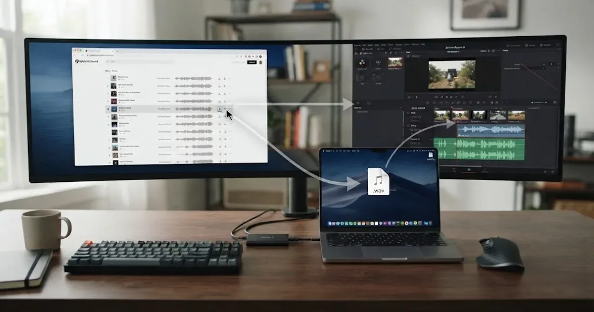 Illustration of a music track moving from a browser into a DaVinci Resolve timeline