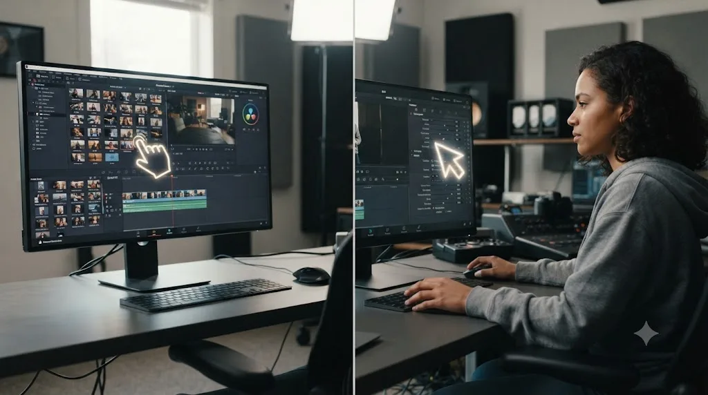 Illustration comparing an AI agent automatically organizing footage versus an AI tutor pointing at a control for a human to click themselves