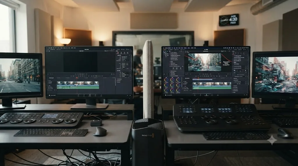 Illustration of a side-by-side comparison showing DaVinci Resolve's AI feature set before and after a major update