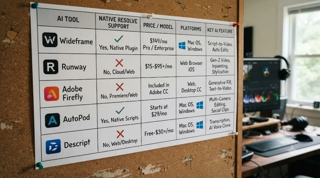Illustration of a five-column comparison chart of AI editing tools for video editors showing Resolve compatibility and pricing