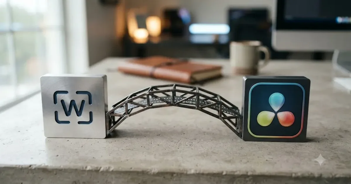 Illustration of a Wideframe app icon next to a DaVinci Resolve icon connected by a dotted roadmap line labeled 2026