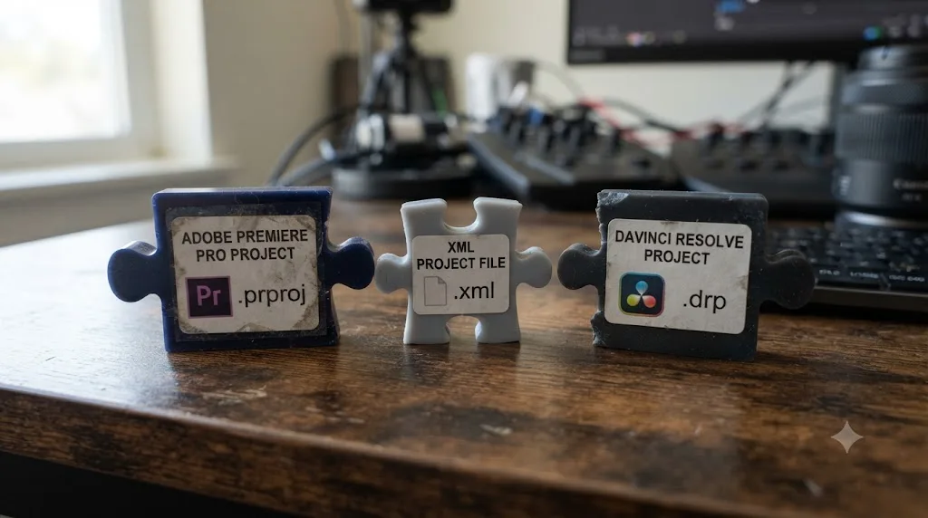 Illustration of a Premiere Pro project file icon and a DaVinci Resolve project file icon as incompatible puzzle pieces bridged by an XML file