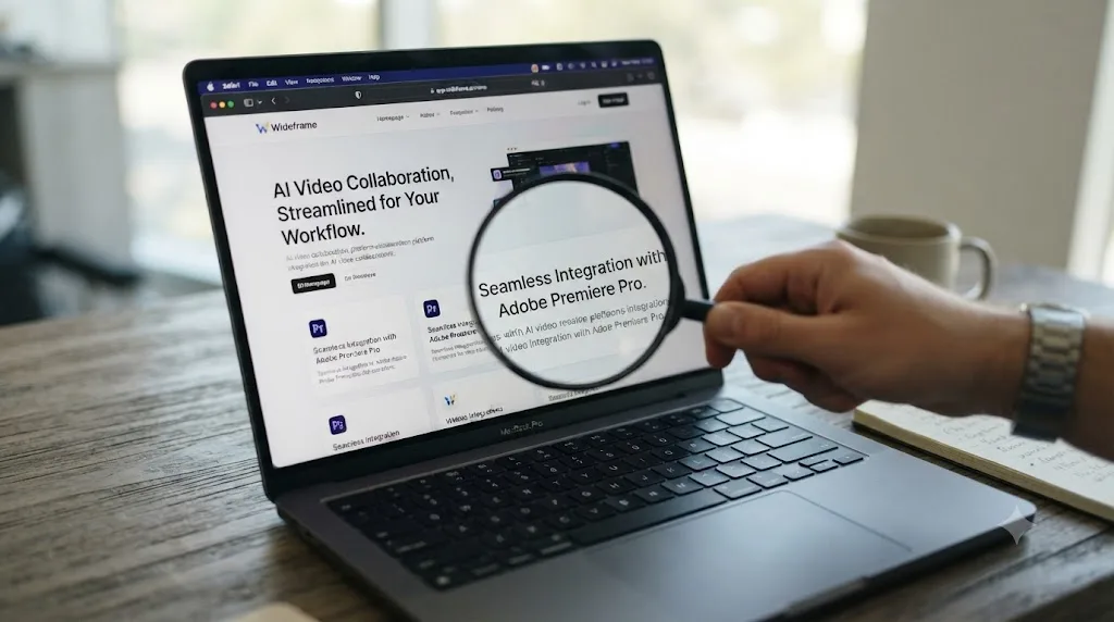 Illustration of a laptop screen showing an AI video app's homepage with a magnifying glass highlighting Premiere Pro compatibility text
