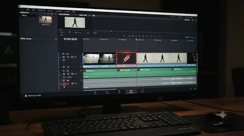 Illustration of a DaVinci Resolve timeline showing a broken link icon, a frozen frame, and a muted audio waveform representing common import failures