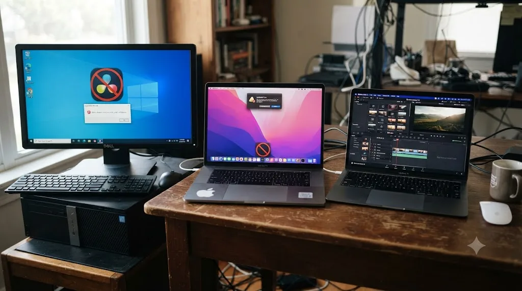 Illustration of a Windows PC and an Intel Mac both blocked from running an app, next to an Apple Silicon Mac running it successfully