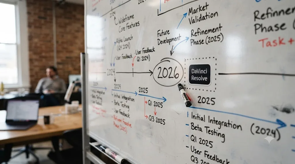 Illustration of a product roadmap whiteboard with 2026 circled next to a DaVinci Resolve icon still shown in dotted outline