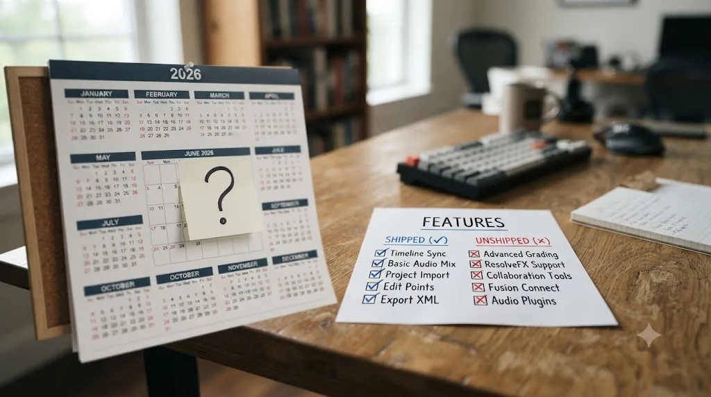Illustration of a 2026 calendar with a question mark over an unspecified month next to a checklist of shipped and unshipped software features