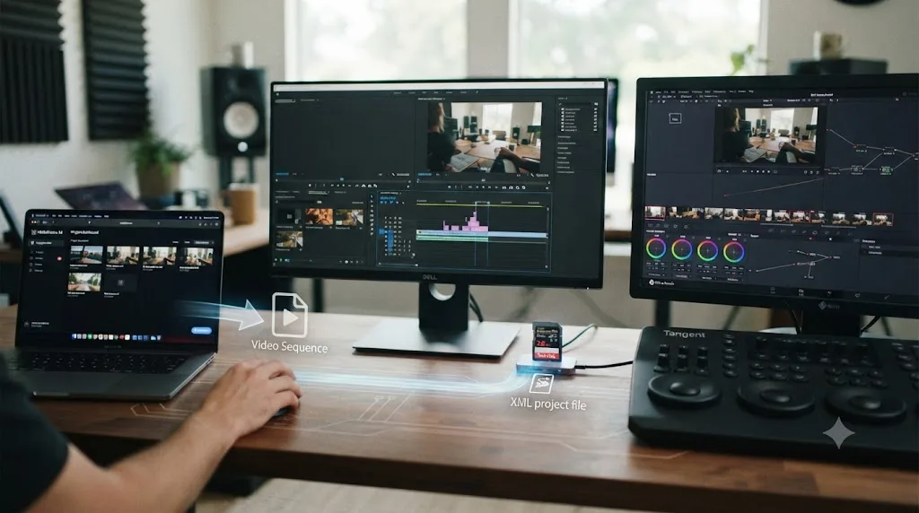 Illustration of a step-by-step flowchart showing a project file moving from an AI tool through Premiere Pro and an XML file into DaVinci Resolve