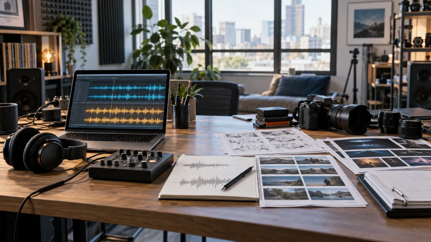 Illustration of audio library and broader creative asset library choices for an agency