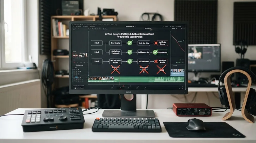 Illustration of DaVinci Resolve Studio requirements for the Epidemic Sound plugin