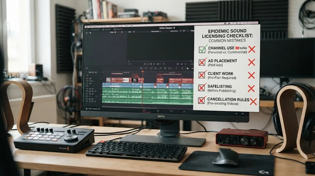 Illustration of common Epidemic Sound licensing mistakes in a DaVinci Resolve project