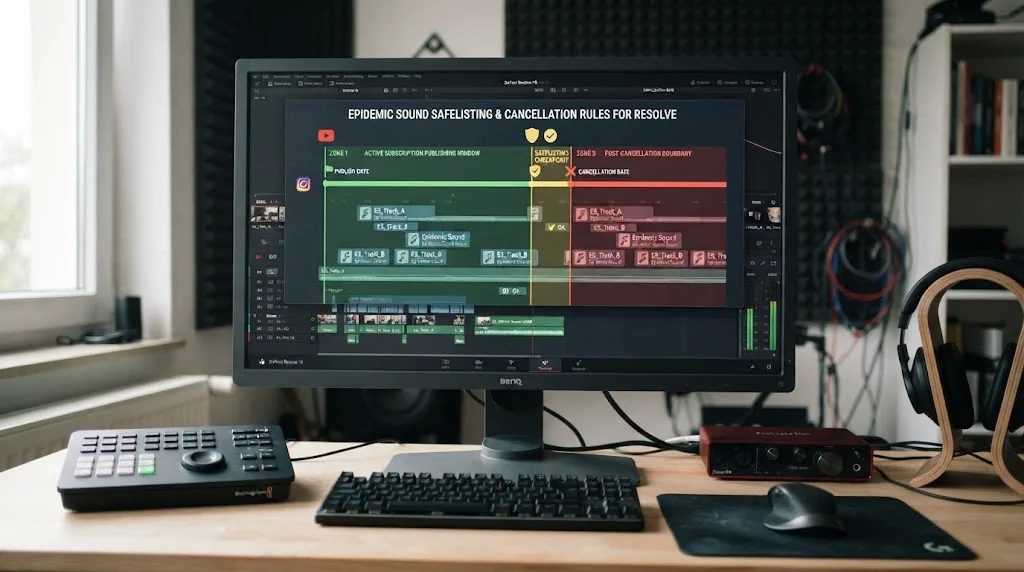 Illustration of Epidemic Sound safelisting and cancellation rules for Resolve projects