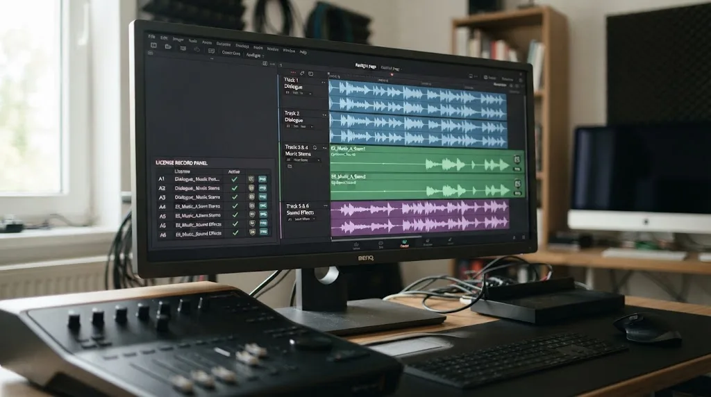 Illustration of Epidemic Sound stems and Fairlight mixing in DaVinci Resolve