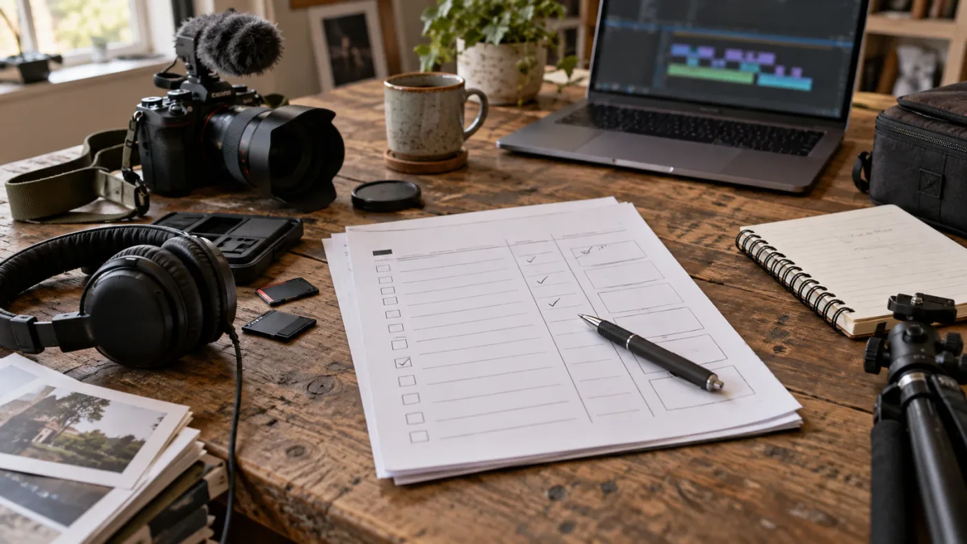 Illustration of a nonprofit video music audit checklist before export