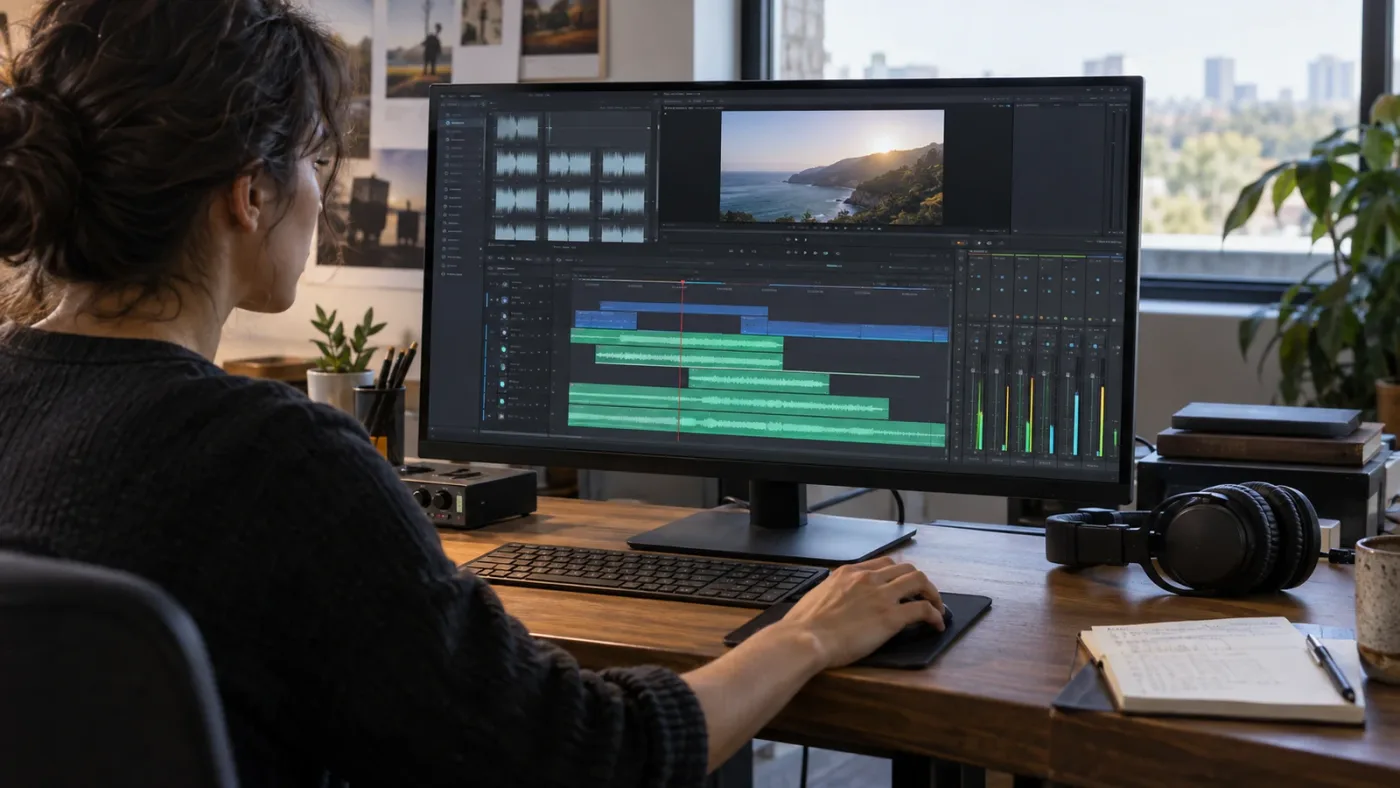 Illustration of licensed nonprofit music moving into DaVinci Resolve 21 Fairlight