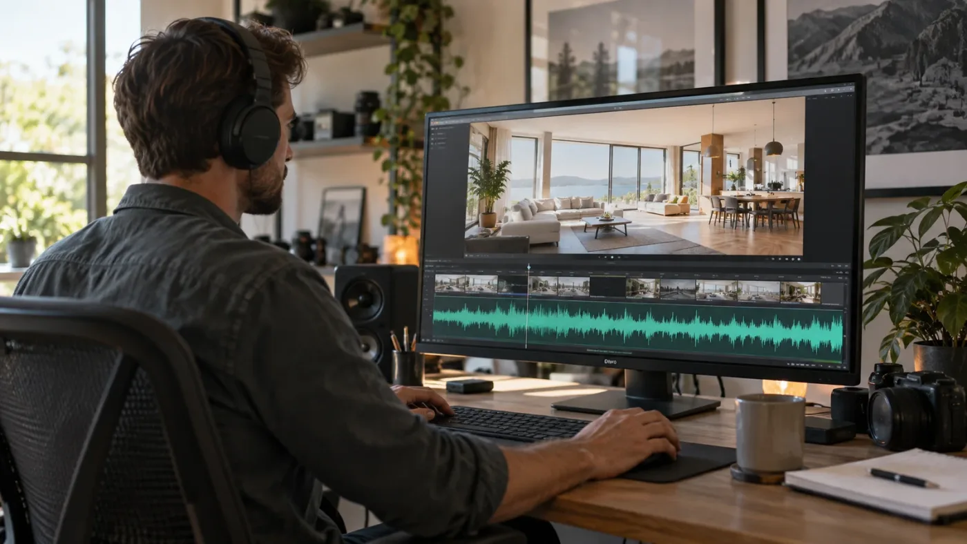 Illustration of a real estate videographer reviewing music and narration