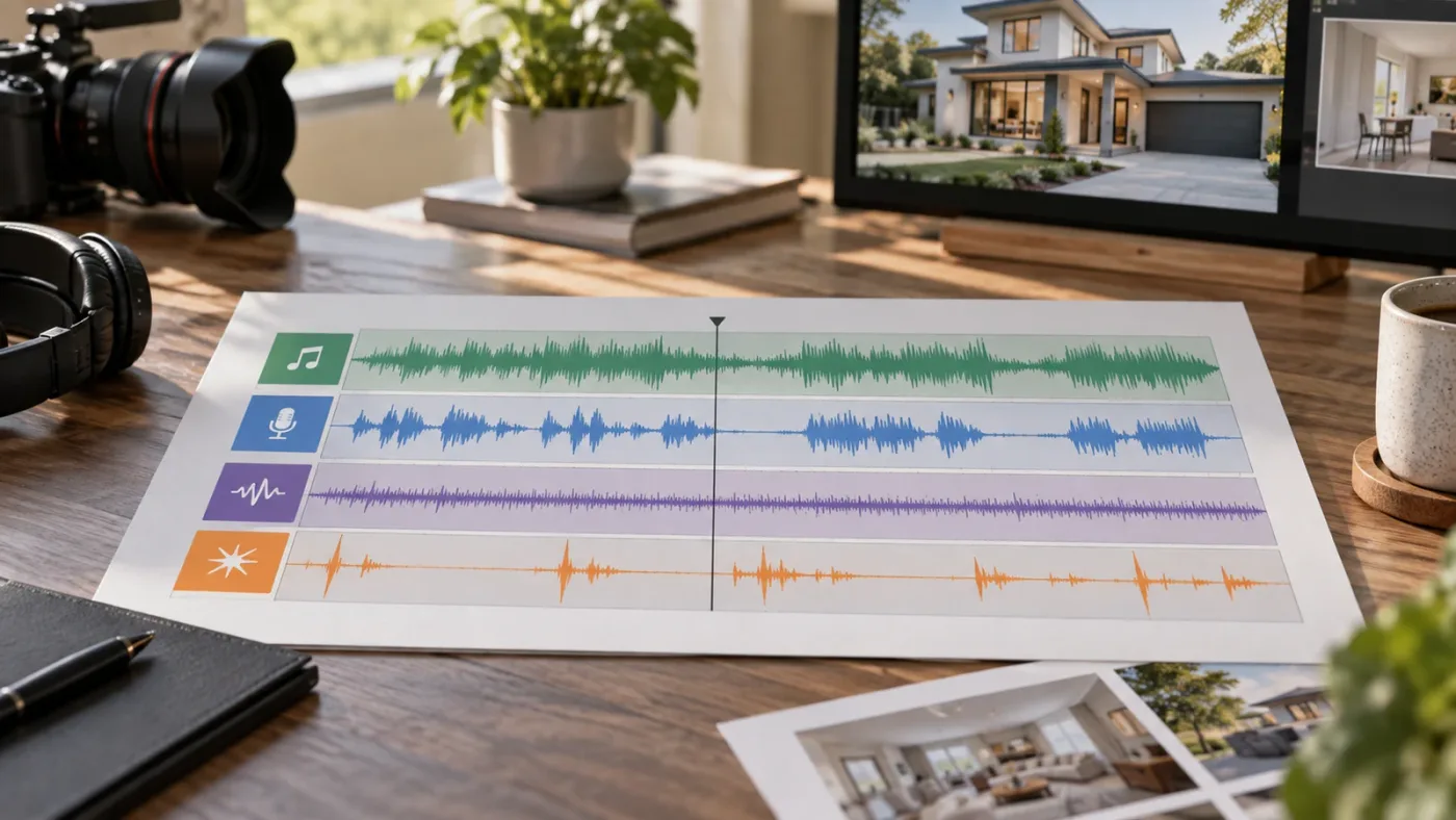 Illustration of separate audio lanes for a property tour in DaVinci Resolve 21