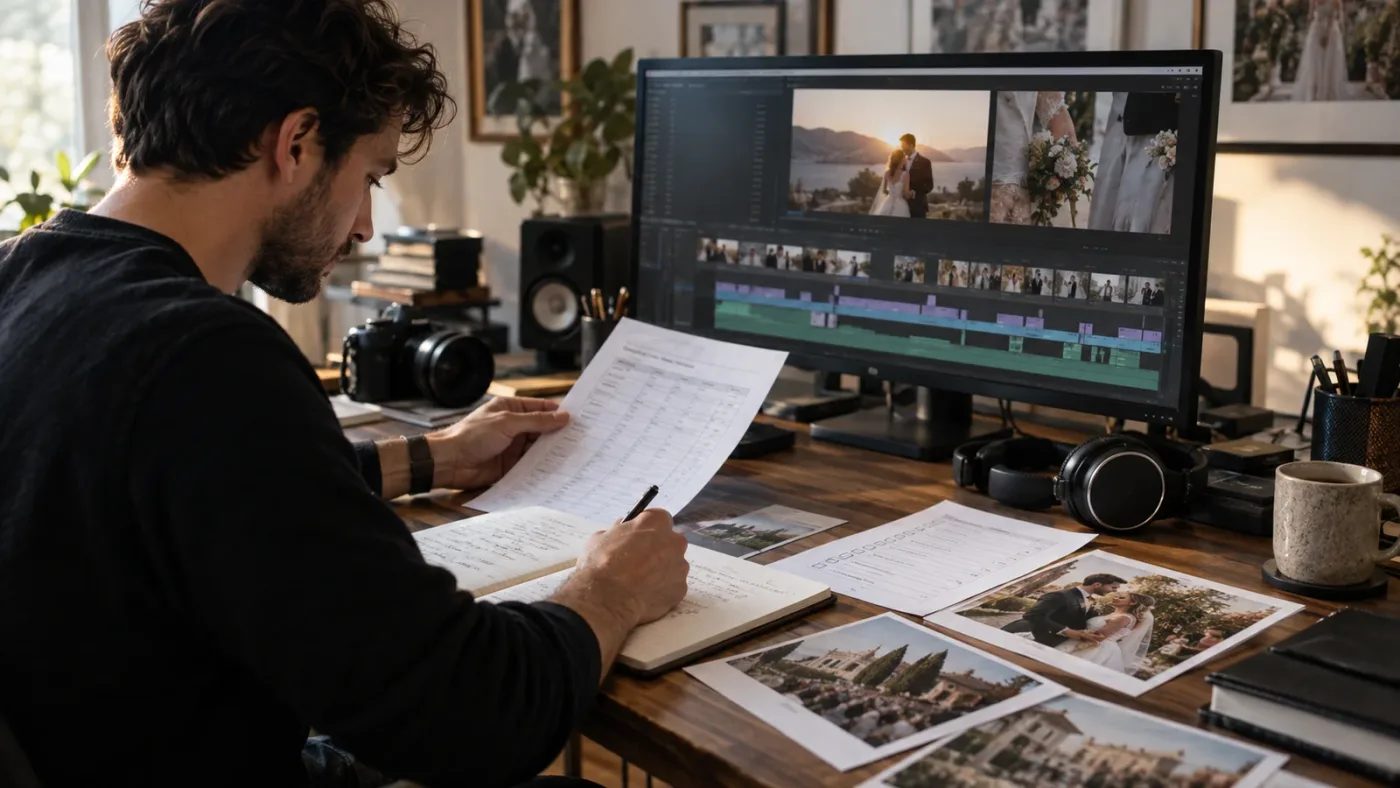 Illustration of a wedding filmmaker checking music licensing before client delivery