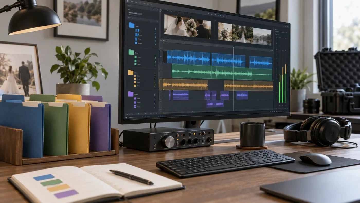 Illustration of organized Fairlight audio folders for a wedding film