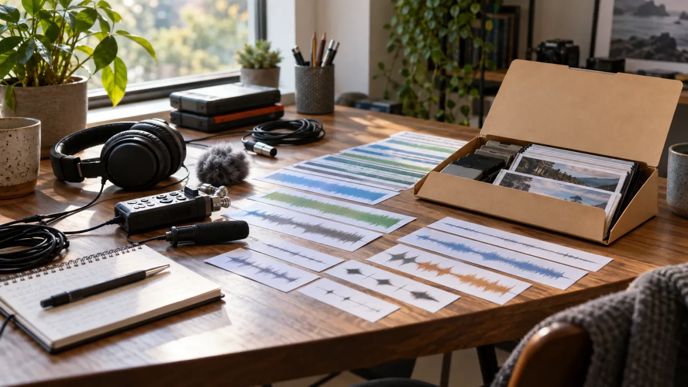 Illustration of music stems and sound effects organized for freelance video editing