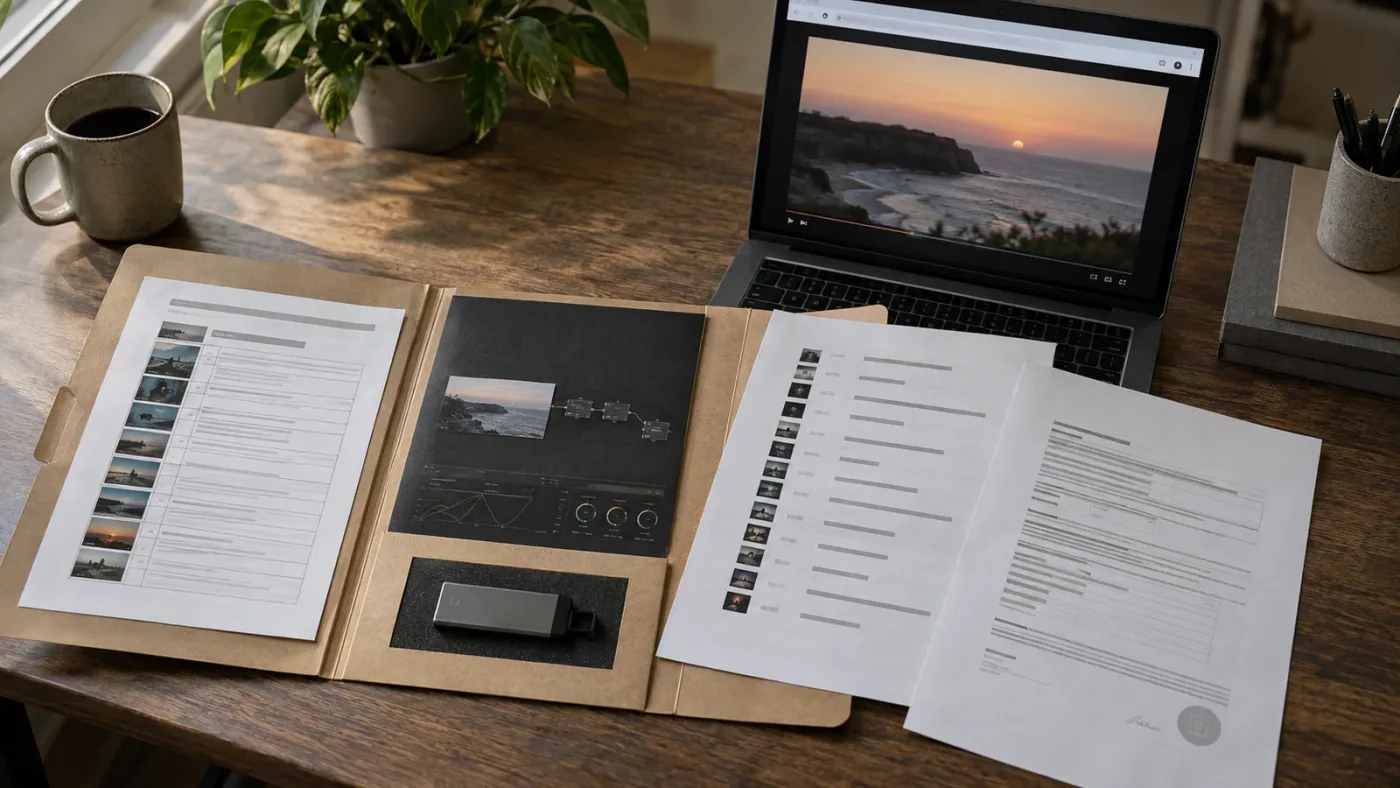 Illustration of a completed client video handoff with a Resolve project and safelisting record