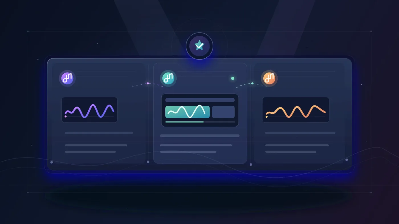 Illustration of a creator comparing single-track, single-use, and free music licensing options for one video
