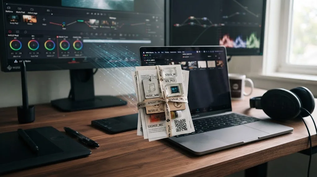 Illustration of a broad Artlist asset bundle being organized for a DaVinci Resolve 21 project