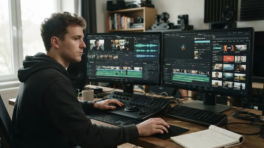 Illustration of choosing between Epidemic Sound and Artlist for a DaVinci Resolve edit