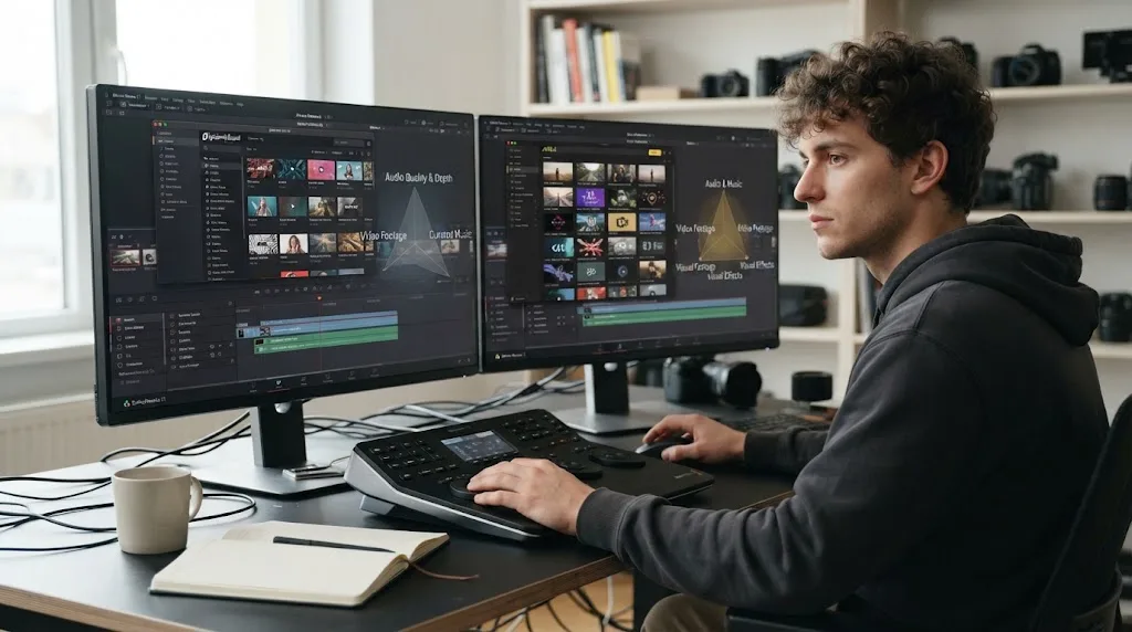 Illustration of a DaVinci Resolve 21 comparison matrix for audio and visual assets