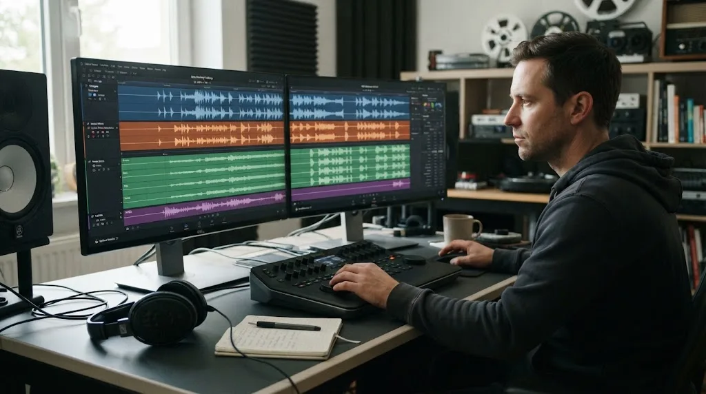Illustration of organizing music stems and sound effects in a DaVinci Resolve 21 Fairlight timeline