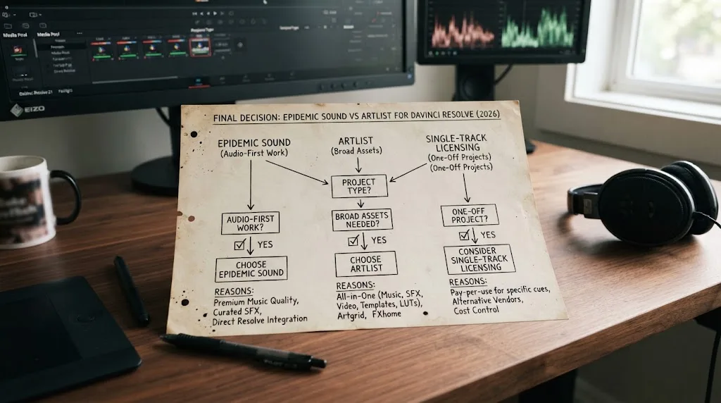Illustration of the final Epidemic Sound versus Artlist decision for a DaVinci Resolve 21 editor