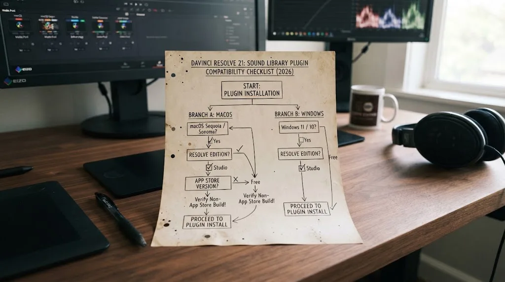 Illustration of DaVinci Resolve 21 operating-system and edition checks before installing a sound library plugin