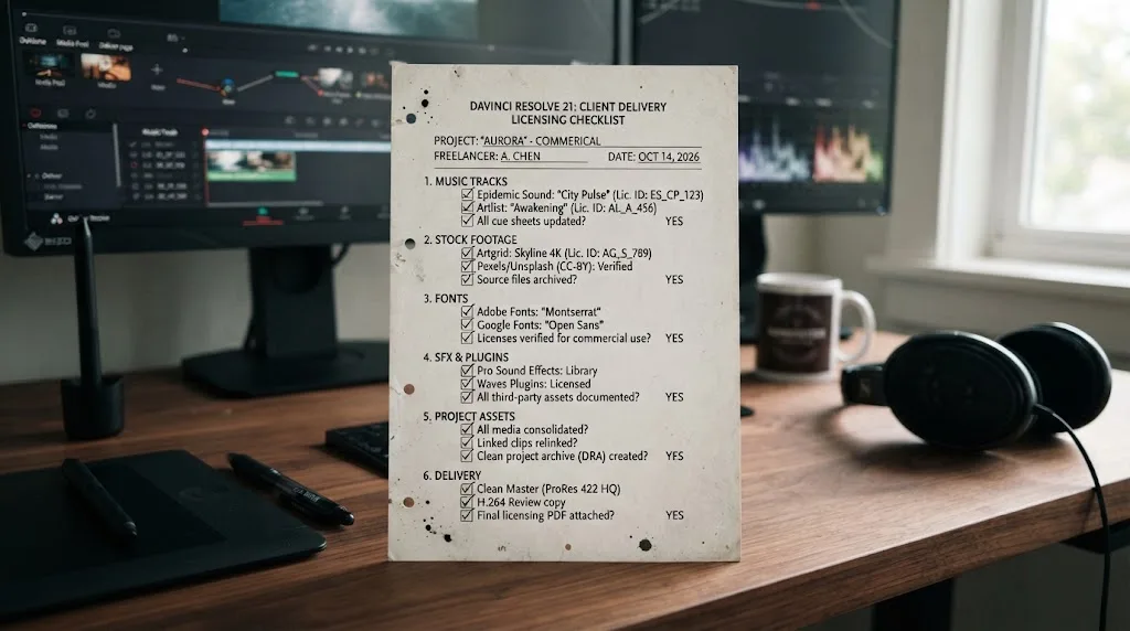 Illustration of a DaVinci Resolve 21 licensing checklist for client video delivery