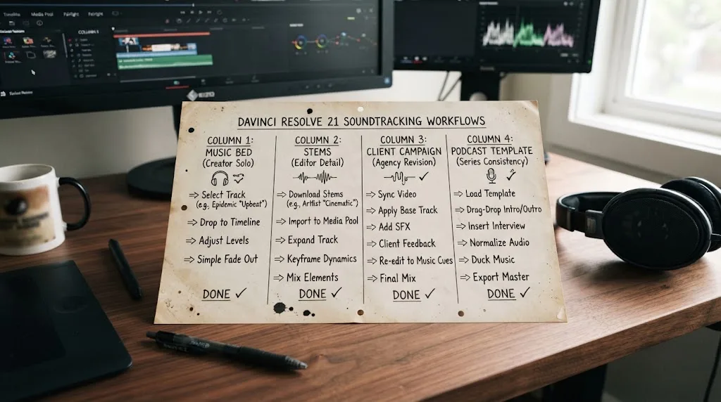 Illustration of four DaVinci Resolve 21 soundtracking workflows for creators and editors