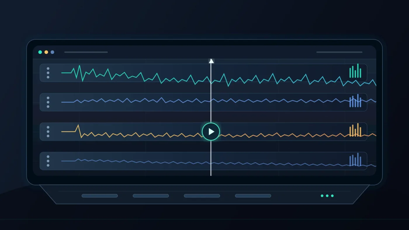 Illustration of a balanced podcast mix with dialogue and music tracks in DaVinci Resolve