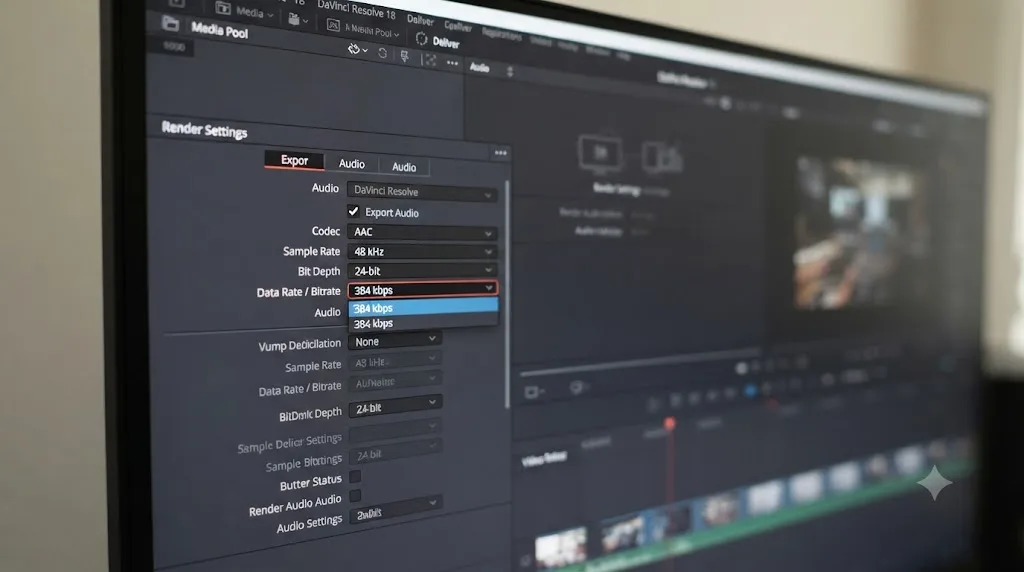 Illustration of the DaVinci Resolve audio export tab set to AAC at 384 kbps