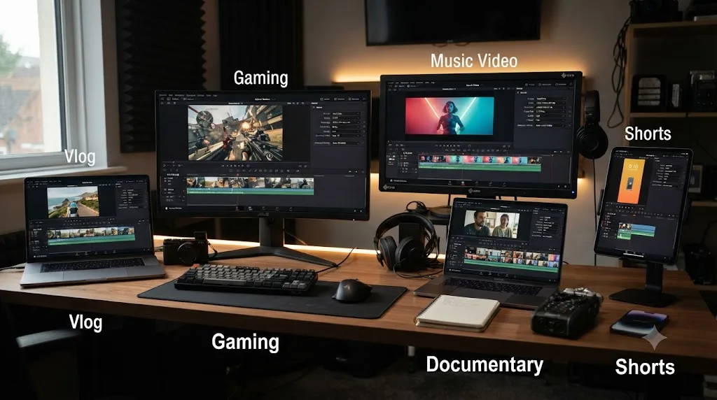Illustration of different YouTube channel types with their matching DaVinci Resolve export settings